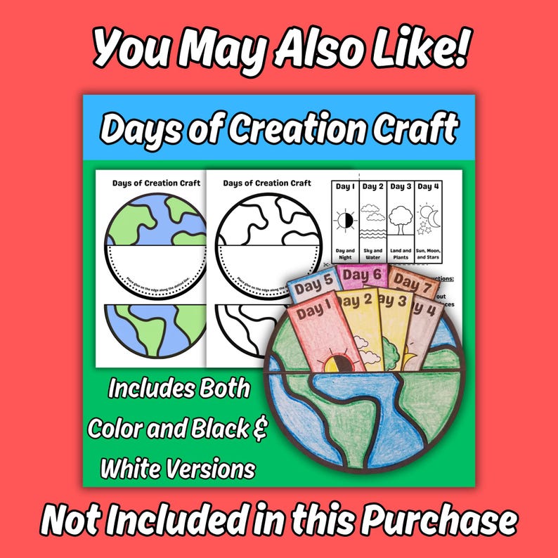 K&ouml;nnte beinhalten: Ein Days of Creation Craft Bastelset mit druckbaren B&ouml;gen, die Globus-Illustrationen und rechteckige Karten mit der Beschriftung Day 1 bis Day 7 enthalten. Das Set umfasst sowohl farbige als auch schwarz-wei&szlig;e Versionen, mit einem fertigen Beispiel, das einen Globus mit eingesteckten Karten zeigt, die verschiedene Szenen f&uuml;r jeden Sch&ouml;pfungstag darstellen.