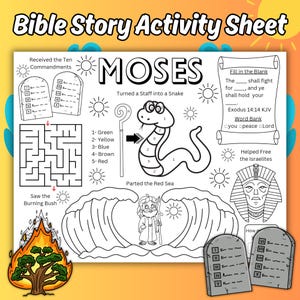 Moses Kids Activity Sheet, Bible Story Coloring Activity Page, Moses Printable Activity Sheet, Sunday School Activity