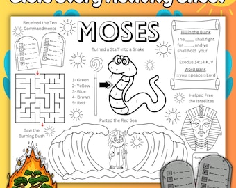 Moses Kids Activity Sheet, Bible Story Coloring Activity Page, Moses Printable Activity Sheet, Sunday School Activity
