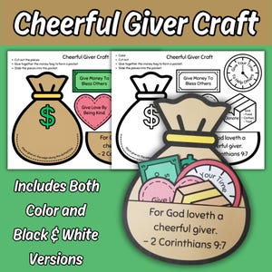 God Loves A Cheerful Giver Printable Bible Story Craft, Kids Christian Sunday School Lesson, Ways to Have Charity Children's Church Activity