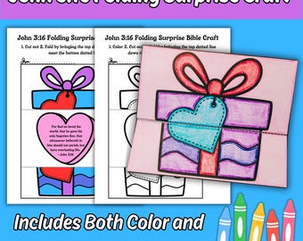 John 3:16 Folding Surprise Bible Craft Printable for Kids Sunday School Class Bible Verse Heart Gift Coloring Church Activity Bible Lesson