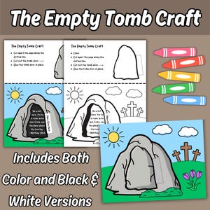 Peut inclure: Une activité manuelle imprimable intitulée The Empty Tomb Craft comprenant des instructions, une page à colorier en noir et blanc et une version en couleur. Le design montre un tombeau en pierre, un soleil, des nuages, trois croix et cinq crayons.