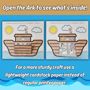 K&ouml;nnte beinhalten: Zwei Bastelb&ouml;gen aus Papier, die die Arche Noah mit einer gelben Sonne, blauen Wolken und Wasser darstellen. Die Arche hat einen braunen Rumpf und eine herunterklappbare T&uuml;r, die illustrierte Tiere wie ein Zebra, einen Elefanten und ein Krokodil zeigt.