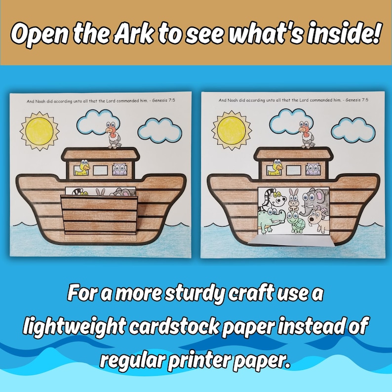 K&ouml;nnte beinhalten: Zwei Bastelb&ouml;gen aus Papier, die die Arche Noah mit einer gelben Sonne, blauen Wolken und Wasser darstellen. Die Arche hat einen braunen Rumpf und eine herunterklappbare T&uuml;r, die illustrierte Tiere wie ein Zebra, einen Elefanten und ein Krokodil zeigt.