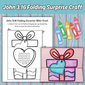 John 3:16 Folding Surprise Bible Craft Printable for Kids Sunday School Class Bible Verse Heart Gift Coloring Church Activity Bible Lesson