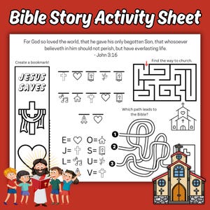Jezus redt kinderen afdrukbaar activiteitenblad, bijbel kleurplaat activiteitenpagina, zondagsschoolactiviteit, Johannes 3:16 bijbelvers les placemat voor kinderen