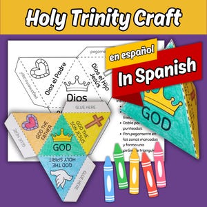 Pirámide tridimensional de la Santísima Trinidad (EN ESPAÑOL) para niños. Lección bíblica de la escuela dominical. Actividad imprimible para colorear: Padre, Hijo y Espíritu Santo.