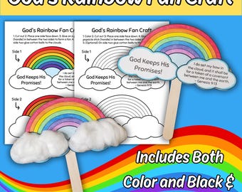 May include: A printable craft kit titled God's Rainbow Fan Craft featuring instructions, a rainbow with clouds, and text reading God Keeps His Promises and I do set my bow in the cloud, and it shall be for a token of a covenant between me and the earth.