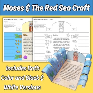 以下が含まれることがあります： 「Moses & The Red Sea Craft」と題されたペーパークラフトキット。カラーと白黒の印刷可能なテンプレートが含まれています。キットには、説明書、モーセや海の生き物のイラスト、そして折りたたみ式の台紙に記載された出エジプト記14章21-22節のテキストが含まれています。