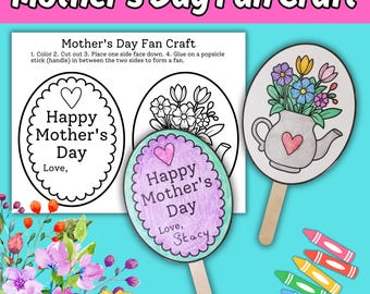 May include: A Mother's Day craft project with fan templates. One fan is decorated with flowers, the other is partially colored. The text "Happy Mother's Day" is visible. Crayons and instructions are also included.