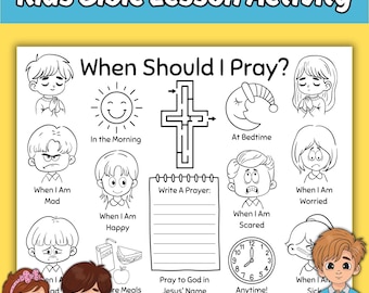 Prayer Bible Lesson Activity Sheet for Kids, When Should I Pray Sunday School Bible Lesson Printable Coloring Activity Placemat for Children
