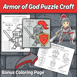 Armor of God Coloring Puzzle Craft and Coloring Page for kids Sunday School Bible Lesson Ephesians 6:11 Children&#39;s Church Christian Activity