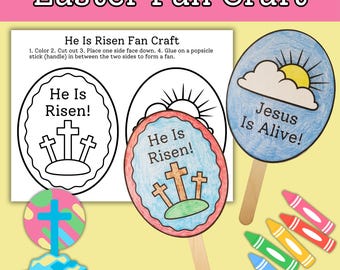 He Is Risen Easter Fan Craft for Kids Sunday School Bible Lesson, TheResurrection of Jesus Easter Sunday Printable Craft Activity for Church