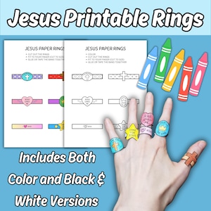 May include: A printable craft set titled Jesus Printable Rings featuring two sheets of paper ring templates in color and black and white. Five paper rings with designs including crosses, hearts, and crowns are worn on fingers, accompanied by five colorful crayons.