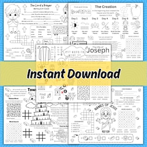 May include: A black and white printable worksheet with various activities for children. The worksheet includes a word search, a maze, a crossword puzzle, and a fill-in-the-blank activity. The theme of the worksheet is the Bible.