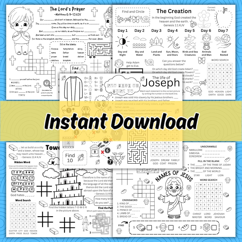 May include: A black and white printable worksheet with various activities for children. The worksheet includes a word search, a maze, a crossword puzzle, and a fill-in-the-blank activity. The theme of the worksheet is the Bible.