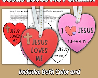 „Jesus liebt mich“-Halskette zum Ausdrucken für Kinder, Aktivität für den christlichen Sonntagsschulunterricht, Ausmalbild für einen Herzanhänger mit der Aufschrift „Ich liebe Jesus“
