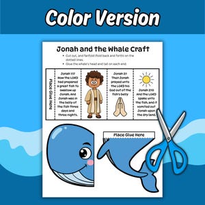 May include: A Jonah and the Whale craft activity sheet featuring instructions, text from Jonah 1:17, 2:1, and 2:10, a cartoon illustration of Jonah, a sun, praying hands, and cut-out shapes of a blue whale head and tail with a pair of blue scissors.