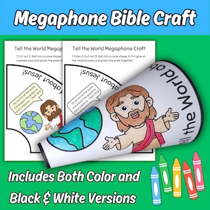 Può includere: Un kit di lavoretti biblici in carta a forma di megafono con un modello conico, un'illustrazione a cartone animato di una persona, un globo e il testo "Tell the World about Jesus!" e "Go ye into all the world, and preach the gospel to every creature. - Mark 16:15".
