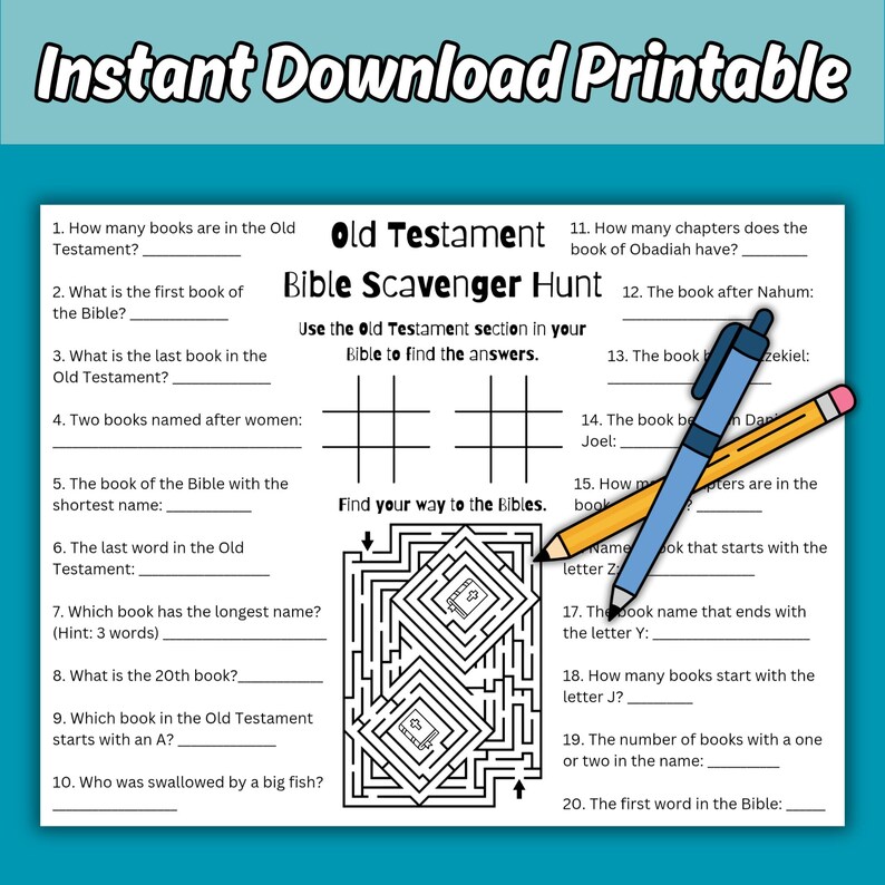 Old Testament Books of the Bible Scavenger Hunt Activity Sheet Placemat ...