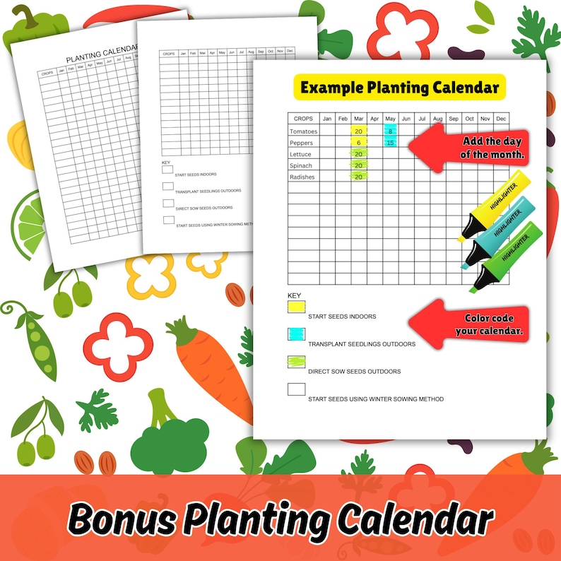 Pu&ograve; includere: Un calendario di semina stampabile con una griglia per ogni mese dell'anno. Il calendario include una chiave per iniziare i semi al chiuso, trapiantare le piantine all'aperto e seminare direttamente i semi all'aperto. Il calendario include anche una sezione per aggiungere note e una sezione per codificare il calendario a colori.