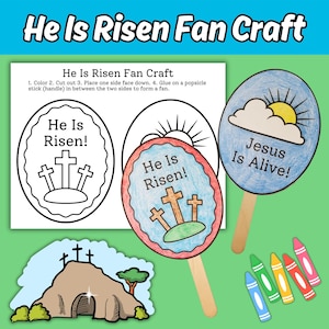 Er ist auferstanden Fan Craft für Kinder Sonntag Schule Bibel Unterricht, Die Auferstehung von Jesus Ostersonntag Druckbare Christian Kirche Handwerk Aktivität