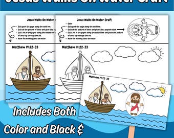 May include: A printable craft activity titled Jesus Walks On Water Craft featuring Matthew 14:22-33. The set includes color and black and white pages with instructions to cut out a figure of Jesus and place it through a slit in a boat scene.