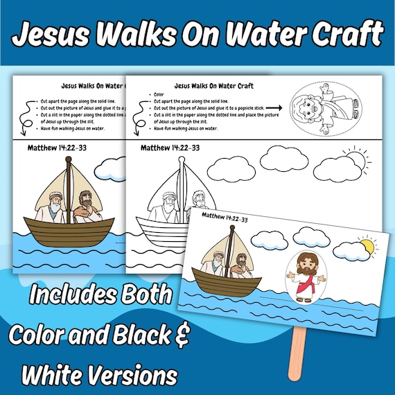 Jesus Walks On Water Kids Bible Story Craft Printable Sunday School Bible Lesson, Miracles of Jesus Cut and Paste Church Coloring Activity