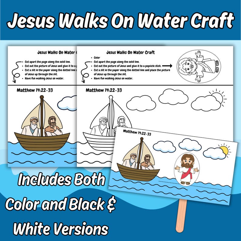 Op de afbeelding: Een printbare knutselactiviteit getiteld Jesus Walks On Water Craft met Matthe&uuml;s 14:22-33. De set bevat kleur- en zwart-witpagina's met instructies om een figuur van Jezus uit te knippen en door een gleuf in een bootsc&egrave;ne te plaatsen.