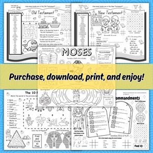May include: Black and white printable activity sheets for children featuring Bible stories and characters, including Moses, the Ten Commandments, and the plagues of Egypt. The sheets include mazes, word searches, and colouring pages.