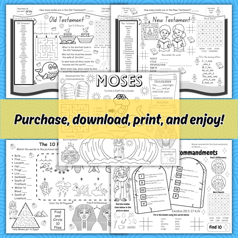 May include: Black and white printable activity sheets for children featuring Bible stories and characters, including Moses, the Ten Commandments, and the plagues of Egypt. The sheets include mazes, word searches, and colouring pages.