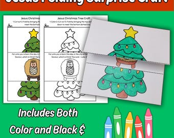 May include: A Jesus Folding Surprise Craft activity sheet featuring a Christmas tree that folds to reveal a baby in a manger. The set includes both color and black and white versions with text that reads Jesus Folding Surprise Craft and Luke 2:11.