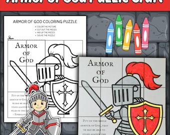Quebra-cabeça para colorir da Armadura de Deus - Lição bíblica para Escola Dominical, Efésios 6:11 - Atividade cristã para crianças na igreja - Imprimível