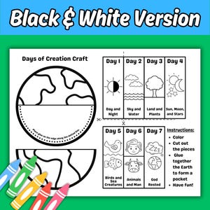 May include: A black and white printable craft sheet titled Days of Creation Craft. It features a circular Earth template with dotted glue lines, seven rectangular panels illustrating the days of creation, and instructions to colour, cut, and glue.