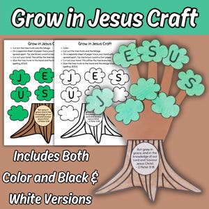 Pode incluir: Um kit de artesanato em papel intitulado Grow in Jesus Craft com um tronco de árvore castanho em forma de mão e recortes de folhagem verde com as letras J, E, S, U, S. O kit inclui folhas de instruções a cores e a preto e branco.