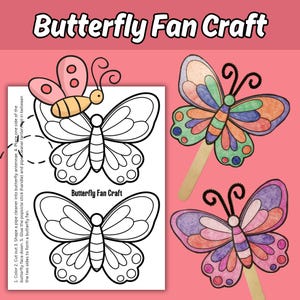 Haz un abanico de mariposas: actividad imprimible para colorear primaveral, manualidad de abanico de mariposas para niños, fiesta de cumpleaños con temática de mariposas