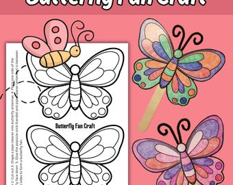 Machen Sie einen Schmetterlings-Paddel-Fan druckbare Frühlingsmalaktivität, Schmetterlingsfan-Handwerk für Kinderschmetterlings-Themen-Geburtstagsfeier-Tätigkeit
