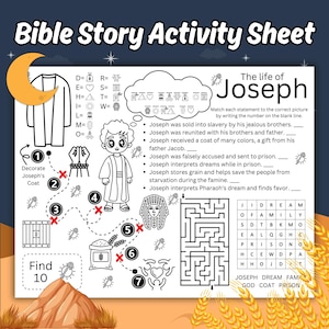 The Life of Joseph the Dreamer Kids Printable Activity Sheet, Joseph Bible Story Coloring Activity Sheet, Sunday School Activity Page