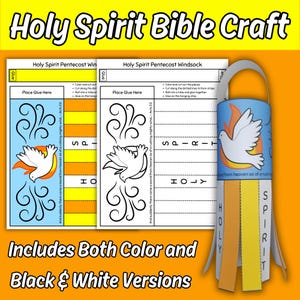 May include: A craft kit for a Holy Spirit Bible craft, featuring a dove and flames. The kit includes color and black and white versions of the craft. The text on the image reads "Holy Spirit Bible Craft" and "Includes Both Color and Black & White Versions."