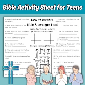 May include: A black and white printable worksheet with a maze and questions about the New Testament of the Bible. The worksheet features illustrations of people praying and reading a book.