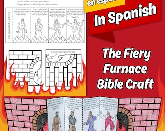 Puede incluir: Un trabajo manual bíblico rojo y blanco titulado "The Fiery Furnace". Incluye instrucciones en español, ilustraciones de figuras bíblicas y un diseño de horno ardiente. El texto incluye "In Spanish" y "Bible Craft."