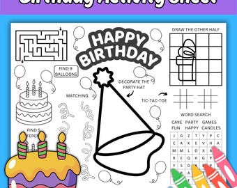 Kindergeburtstag-Aktivität Blatt, druckbare Aktivitätsseite für Geburtstagsparty, druckbare Geburtstagsseite, Kindergeburtstag-Party-Tischset, Gastgeschenk
