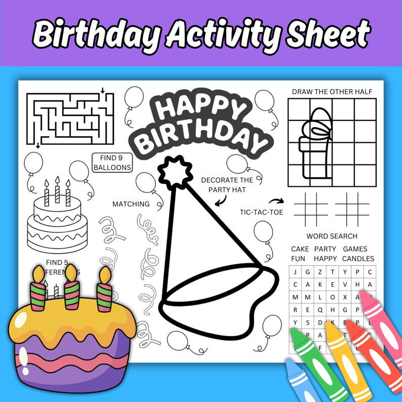 Kids Birthday Activity Sheet, Birthday Party Printable Activity Page ...