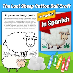 The Parable of the Lost Sheep Cotton Ball Craft Printable IN SPANISH for Kids Sunday School Lesson, The Lost Sheep Church Coloring Activity