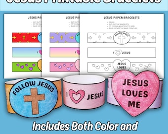Op de afbeelding: Een set printbare papieren armbanden met religieuze thema's. De vellen bevatten ontwerpen met kruisen, harten en teksten zoals Follow Jesus, I Love Jesus en Jesus Loves Me. De set biedt zowel gekleurde als zwart-wit versies aan.