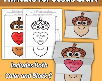 May include: A printable paper craft activity featuring an acorn character with large eyes and a smiling face. The design includes a heart shape with the text I'm Nuts for Jesus. The set provides both colored and black and white versions for coloring.