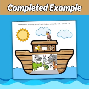 K&ouml;nnte beinhalten: Eine Cartoon-Illustration der Arche Noah auf blauem Wasser mit einer gelben Sonne und wei&szlig;en Wolken. Die Arche zeigt eine braune Holzstruktur mit einem Vogel obenauf und verschiedenen Tieren, darunter ein Zebra, ein Hase, ein Elefant, ein Krokodil, eine Schildkr&ouml;te und eine Ziege.