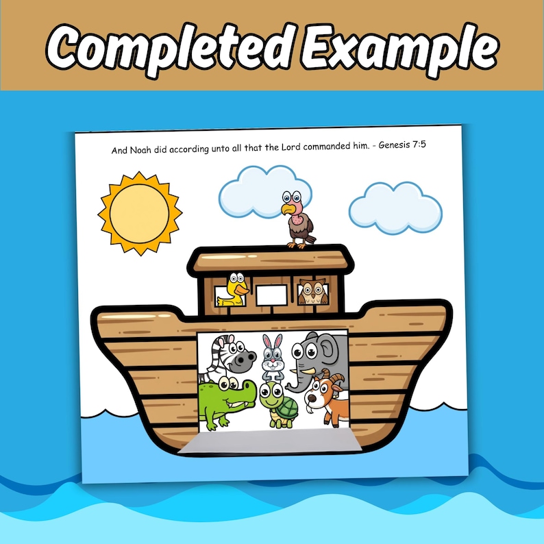 K&ouml;nnte beinhalten: Eine Cartoon-Illustration der Arche Noah auf blauem Wasser mit einer gelben Sonne und wei&szlig;en Wolken. Die Arche zeigt eine braune Holzstruktur mit einem Vogel obenauf und verschiedenen Tieren, darunter ein Zebra, ein Hase, ein Elefant, ein Krokodil, eine Schildkr&ouml;te und eine Ziege.