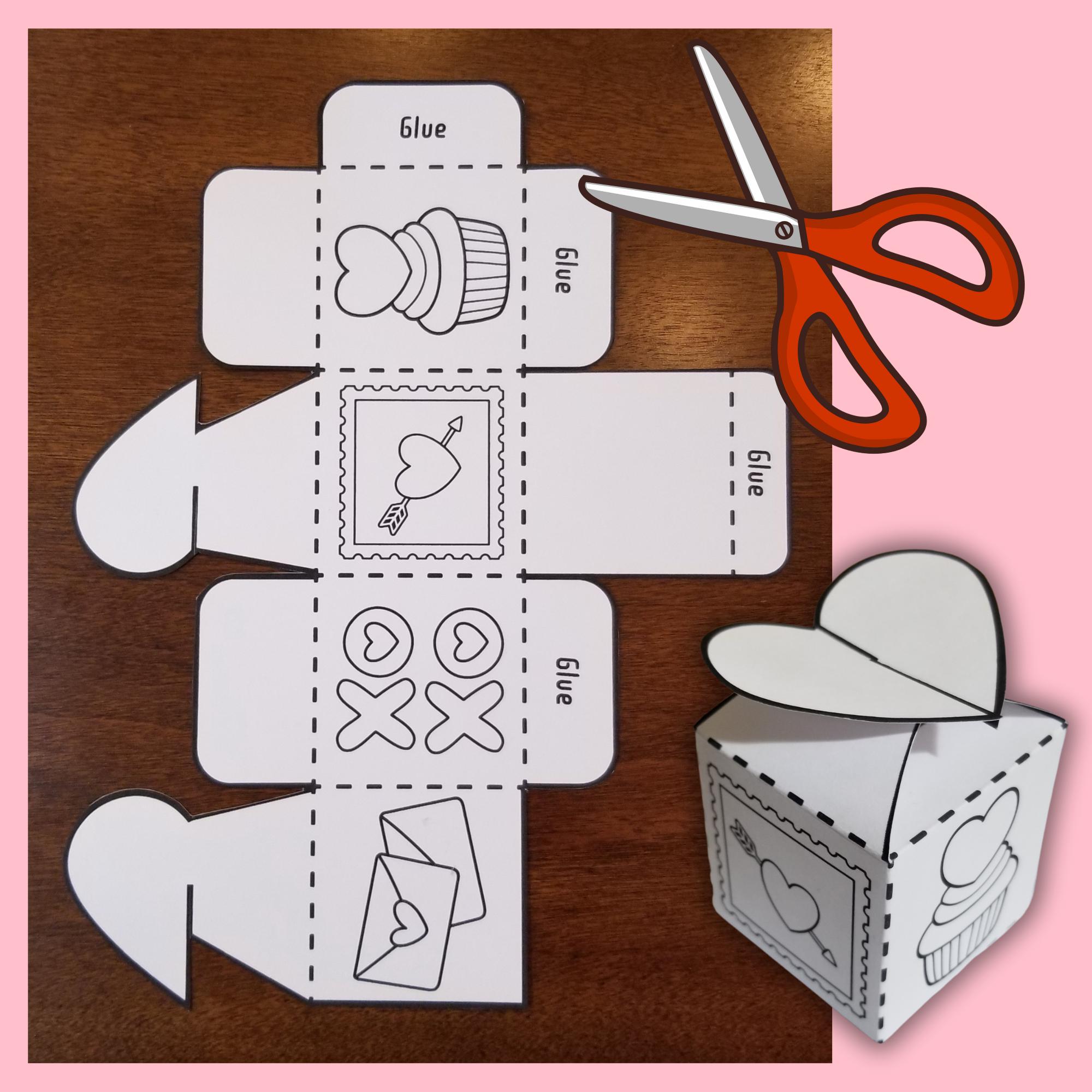 Heart Cube Gift Box Craft for Kids, Printable Heart Treat Box Valentine ...