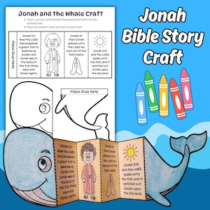 Jonas et la baleine pliage surprise Bible artisanat imprimable pour les enfants école du dimanche leçon biblique Jonas verset biblique à colorier activité d'église